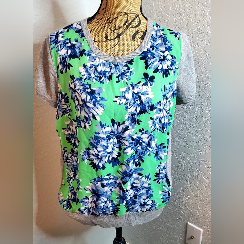 J. Crew Blue Floral Blouse with Gray Accents